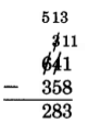 641 - 358 = 283. the 4 in 641 is crossed out, with a 3 marked above it. Above the 1 in 641 is 11. The 6 in 641 is then crossed out, with a 5 marked above it. The 3 above the 4 is crossed out, with a 13 marked above it.