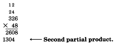 Vertical multiplication. 326 times 48, with the first part of the product, 2608, in the first line of the product space, and the second part of the product, 1304, in the second line of the product space. This number is naturally aligned with the tens column of the number above it. The second round of numbers are carried, with a 2 in the tens column and a 1 in the hundreds column. 1304 is labeled, second partial product.