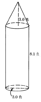 A cylinder with a cone on top. The object has a diameter of 3.0ft. The cone has a height of 3.0ft. The cylinder's height is 8.1ft.