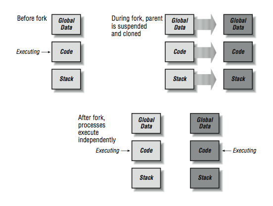 This figure consists of a number of groupings of boxes, which are aligned in a column and labeled from top to bottom, global data, code, and stack. The figure shows the boxes in light grey with the label, before fork, and an arrow pointing at code titled, executing. It then shows two groupings of the boxes together, labeled, during fork, parent is suspended and cloned. The grouping on the left is light grey, and large arrows point to the right from this grouping to the second, darker grey grouping. Below this is another grouping of light and dark grey boxes, labeled, after fork, processes execute independently. to the side of the light grey and dark grey boxes labeled, Code, an arrow labeled Executing points at the box.