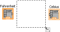 A dashed square is in the middle of this image. There is a smal dashed square containing an 'N'in the lower right corner of the square. On the left side of the square is an icon labeled 'Fahrenheit' and on the right side there is a similar icon labeled Celsius.