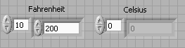 A screen capture of a grey grid containing four boxes. The left two boxes are titled, Fahrenheit, and the right two boxes are titled, Celsius. The leftmost box under fahrenheit contains the value, 10, and the right box under fahrenheit contains the value, 200. Both boxes under celsius contain the value, 0.