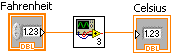 An orange box labeled Fahrenheit, with the orange outside line labeled DBL, and containing the value 1.23, is connected to a function, which is connected to an orange box labeled celsius, containing the value 1.23.