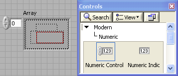 A two-part screenshot. The left side is a grey grid containing one white box, containing the value 0, and one larger grey box, labeled Array. Inside the grey box are dashed rectangles of different heights and widths. The right side is a window titled, controls, containing a hierarchical list, beginning with Modern, and continuing with Array, matrix, and cluster. Below the list are two objects, labeled Array and Cluster.