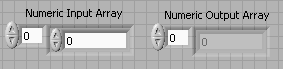 A screen capture of a grey grid containing four boxes. The left two boxes are titled, Numeric Input Array. The right two boxes are titled, Numeric Output Array. All four boxes contain the value, 0.