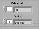 A form containing two rows. The upper level is labeled 'fahrenheit' with two fields on this level labeled containing '15' and '300'. The lower level is labeled 'celsius' and the fields contain the values '15' and '148.889'.