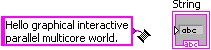 A pink box containing the caption, hello graphical interactive parallel multicore world. To the right of the pink box is another pink box labeled string, containing a shaded grey rectangle containing the letters a, b, c. The boxes are not connected, but an object that resembles a spool of wire is connected to the box on the left.