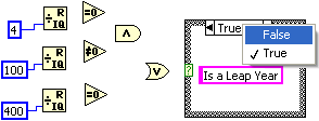 A three-part diagram connecting numbers to operations. The first is the number 4 inside a blue box that is connected with a line segment to an operation named quotient and remainder. To the right of the object is the operator, equal to 0. The second is the number 100 inside a blue box that is connected with a line segment to an operation named quotient and remainder. To the right of the object is the operator, not equal to 0. The third is the number 400 inside a blue box that is connected with a line segment to an operation named quotient and remainder. To the right of the object is the operator, equal to 0. In between the first and second parts is the, and, operator. In between the second and third parts is the, or, operator. To the right of these diagrams is a large rectangle, containing a drop-down menu labeled True. The menu has been selected, and the option to select false is highlighted. Inside the box is a pink rectangle containing the text, Is a Leap Year.