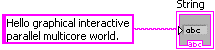 A pink box containing the caption, hello graphical interactive parallel multicore world. To the right of the pink box is another pink box labeled string, containing a shaded grey rectangle containing the letters a, b, c. The boxes are connected by a zig-zag pink line.