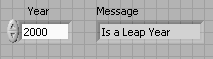 A screen capture of a grey grid containing an input and output box. The input box is labeled, year, and contains the value 2000. The output box is labeled, Message, and contains the text, is a leap year.