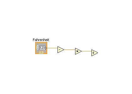 An orange box labeled Fahrenheit, with the orange outside line labeled DBL, and containing the value 1.23, is connected to subtract, which is connected to multiply, which is connected to divide.