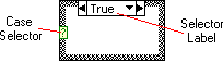 A screen capture of a 'Case Structure' icon. The 'Case Selector' is labeled on the left and the 'Selector Label' is on the right.