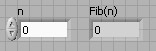 A form with two fields labeled 'n' and 'Fib(n)' from left to right. Both fields contain the value '0'.