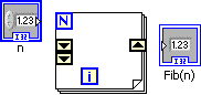 Form left two right there is an icone labeled 'n', a box with a blue box 'N' in the upper left corner and a blue box 'i' towards the lower left. A pair of down arrows exists on the far left side and an up arrow exist on the right side opposite the down arrows. Our the far right is another icon labeled 'Fib(n)'.