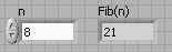 A form with two fields 'n' and 'Fib(n)' with values '8' and '21' respectively. 