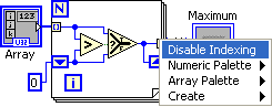 A screen capture of 'Broken Auto-Indexing'. From left to right there is an 'Array' icon above a blue square containing '0'. These are connected to a large box containing a blue box containing an 'N', a little square, a blue down arrow and a blue box containing 'i'. The icons outside the big box are connected to the little square and down arrow in the big box via a blue line. Another line connects these icons to two blue dots which then connect to a triangle containing '>'. Lines connect the triangel and two dots to a larger triangle  which is connected to a small square and an up arrow along the far right side of the box. To the right of the box is a red 'x'and to the right of that is an icon labeled 'Maximum'. A menu is ovberlaid on top of this diagram with the item 'Disable Indexing' highlighted in blue.