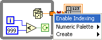 A big square box contain a blue square 'i' and a blue square '999' connected via lines to a triange containing a '<'. This triangle is connected to a green square containing a circular arrow. Above these icons is a dice icon which connects to an orange box on the edge of the big box. To the right there is a red 'x' and then an orange box around an 'array' icon. On top of this diagram, a menu is overlaid with the item 'Enable Indexing' highlighted in blue.