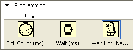 A row of four icons labeled from left to right, 'tick count (ms)', 'wait (ms)', and 'wait until ne..'. This row is listed under the level headers Programming and Timing.
