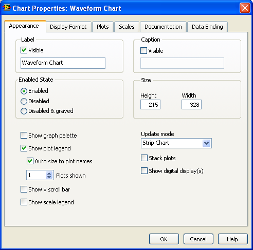 A typical windows window, showing the chart properties of the waveform chart.