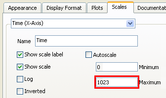 A screencap of a window with many tabs along the top of the window. The fourth tab 'scales' is selected. Then on this tab there are many fields with the lower right field surrounded by a red box and containing the number 1023 . This field is labeled Maximum.