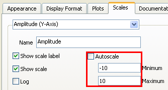 A screencap of a window with many tabs along the top of the window. The fourth tab 'scales' is selected. In the lower right of the tab is a red box surround a radio box labeled 'Autoscale' and two fields one labeled 'Minimum' containing the value '-10' and the other field is labeled 'Maximum' containing the value '10'.