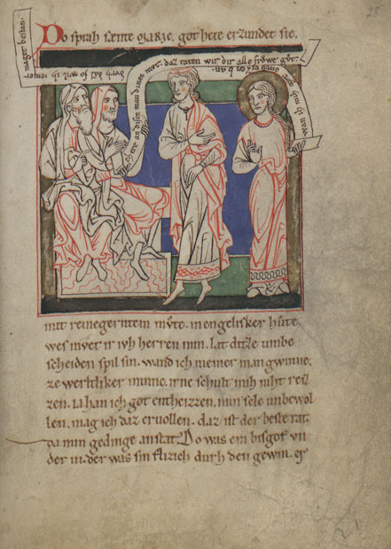 28r Two Priests Attempt to Persuade Mary to Marry a Knight, the Son of Bishop Abiathar