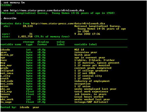 The commands that Stata uses to load in the panel data example.