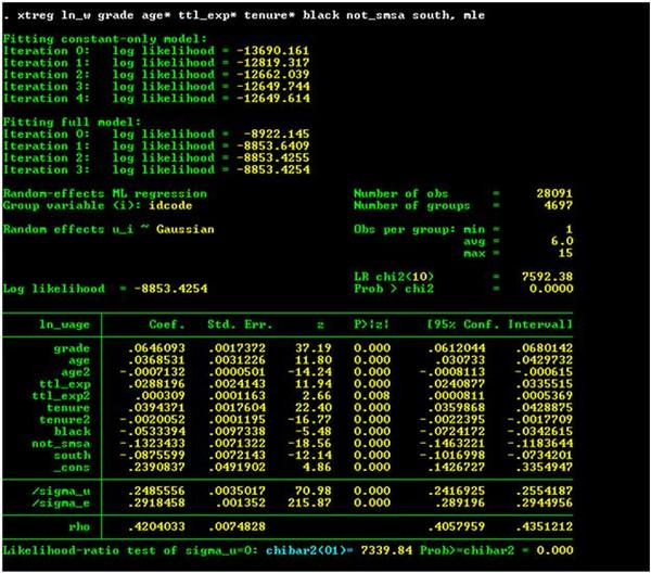 Stata output from the maximum likelihood estimation.