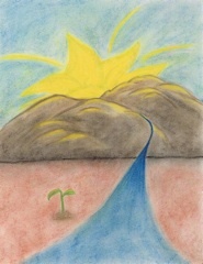 A painting of the sun rising over some mountains.