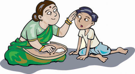 A cartoon of Vinoba's mother explaining why she counts grains of rice everyday as she brushes his hair.