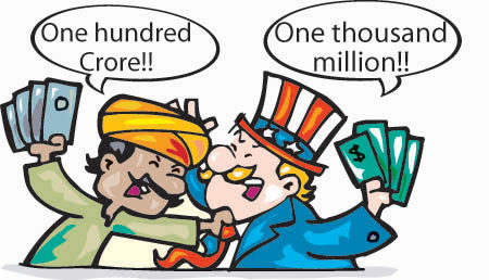 A picture of a man from the East and another from the West grabbing and yelling at each other 'one hundred crore' and 'one thousand million' respectively.