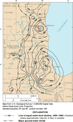 map showing drop in water table in a confined aquifier