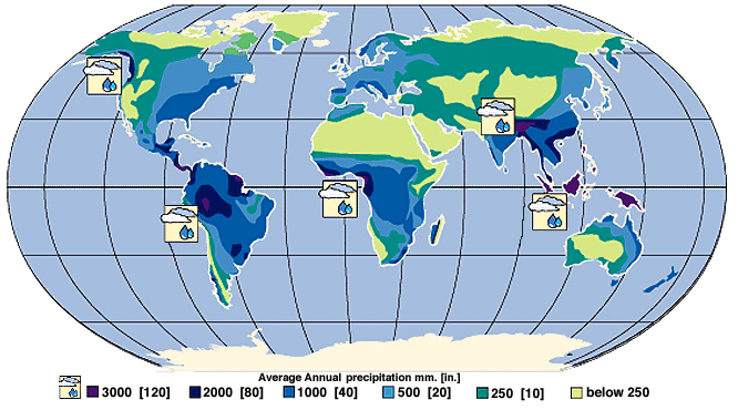 map showing amount of rain that falls around the world