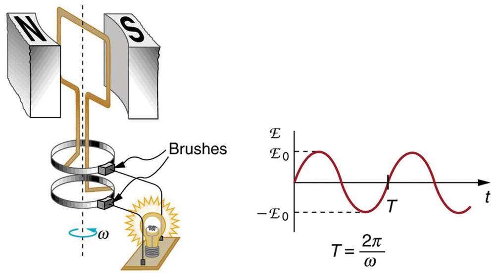 The first part of the figure shows a schematic diagram of a single coil electric generator. It consists of a rotating rectangular loop placed between the two poles of a permanent magnet shown as two rectangular blocks curved on side facing the loop. The magnetic field B is shown pointing from the North to the South Pole. The two ends of this loop are connected to the two small rings. The two conducting carbon brushes are kept pressed separately on both the rings. The loop is rotated in the field with an angular velocity omega. Outer ends of the two brushes are connected to an electric bulb which is shown to glow brightly. The second part of the figure shows the graph for e m f generated E as a function of time t. The e m f is along the Y axis and the time t is along the X axis. The graph is a progressive sine wave with a time period T. The crest maxima are at E zero and trough minima are at negative E zero.