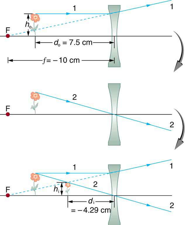 Figure (a) shows an upright object placed at d sub o equals seven point five cm and in front of a concave lens of on its left side. Parallel ray 1 falls on the lens and gets refracted and dotted backwards to pass through point F on the left side. Figure (b) shows ray 2 going straight through the center of the lens.  Figure (c) combines both figures (a) and (b) and the dotted line and the solid line meet at a point on the left side of the lens forming a virtual image which is erect and diminished. Here h sub o is the height of the object above the axis and h sub i is the height of the image above the axis. The distance from the center to the image is d sub i equals 4.29 cm.