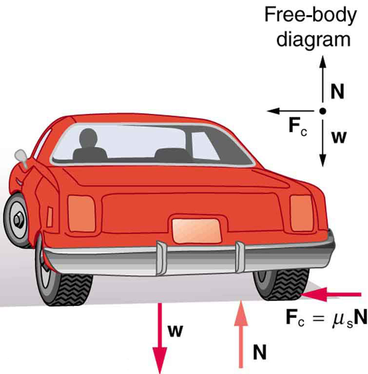 In the given figure, a car is shown from the back, which is turning to the left. The weight, w, of the car is shown with a down arrow and N with an up arrow at the back of the car. At the right rear wheel, centripetal force is shown along with its equation formula in a leftward horizontal arrow. The free-body diagram shows three vectors, one upward, depicting N, one downward, depicting w, and one leftward, depicting centripetal force.