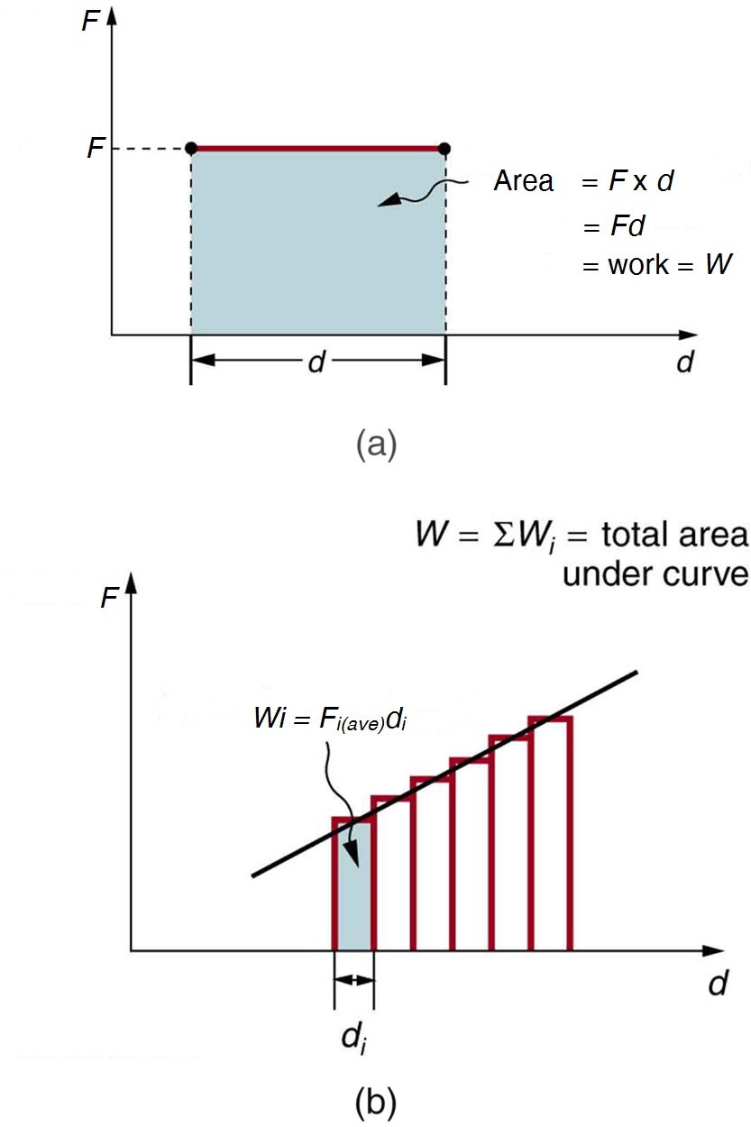 Two drawings labele a and b. (a) A graph of force component F versus distance d. d is along the x axis and F cosine theta is along the y axis. A line of length d is drawn parallel to the horizontal axis for some value of F cosine theta. Area under this line in the graph is shaded and is equal to F cosine theta multiplied by d. F d cosine theta is equal to work W. (b) A graph of force component F cosine theta versus distance d. d is along the x axis and F cosine theta is along the y axis. There is an inclined line and the area under it is divided into many thin vertical strips of width d sub i. The area of one vertical stripe is equal to average value of F cosine theta times d sub i which equals to work W sub i.