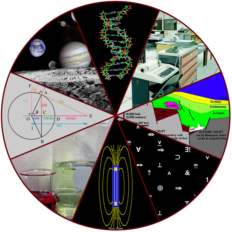 Some fields of science include astronomy, biology, computer science, geology, logic, physics, chemistry, and mathematics. (credit: 