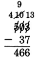 503 - 37. The 5 is crossed out, with a 4 above it. The 0 is crossed out, with a 10 above it. The 10 is crossed out, with a 9 above it. The 3 is crossed out, with a 13 above it. The difference is 466.