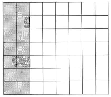 A rectangle divided into fifty-six parts in a pattern of seven rows and eight columns. Fourteen of the parts are shaded.