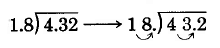 4.32 divided by 1.8. The decimal place in both numbers is moved to the right by one space.