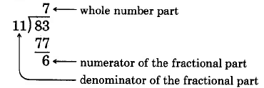 Long division. 83 divided by 11 is 7, with a remainder of 6. 7 is the whole number part, 6 is the numerator of the fractional part, and 11 is the denominator of the fractional part.