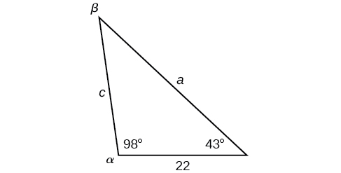 An oblique triangle with standard labels. Angle alpha is 98 degrees, angle gamma is 43 degrees, and side b is of length 22. Side b is the horizontal base.