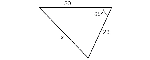 A triangle. One angle is 65 degrees with opposite side = x. The other two sides are 30 and 23.