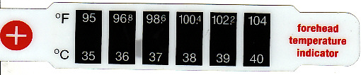 A flat plastic thermometer used to measure forehead temperature; the thermometer can measure between ninety-five and one-hundred four degrees Fahrenheit, or between thirty-five and forty degrees Celsius.