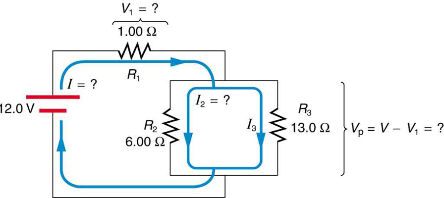 Circuit diagram in which a battery of twelve point zero volts is connected to a combination of three resistors. Resistors R sub two and R sub three are connected in parallel to each other, and their combination is connected in series to resistor R sub one. R sub one has a resistance of one point zero zero ohms, R sub two has a resistance of six point zero zero ohms, and R sub three has a resistance of thirteen point zero ohms.