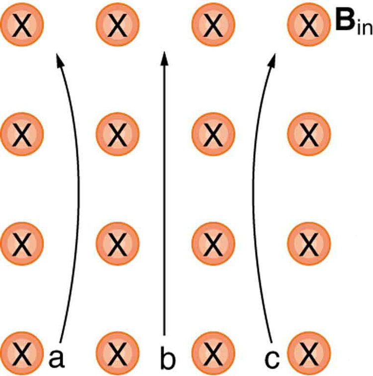 Diagram showing magnetic field lines into the page. Charges are moving from the bottom to the top of the diagram and thus perpendicular to the field lines. Charge a curves to the left. Charge b moves in a straight line from bottom to top. Charge c curves to the right.