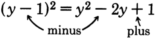 The square of the binomial 'y minus one' is equal to y squared minus two y plus one. The sign inside the parentheses and the sign of the middle term of the trinomial are the same, and are labeled as 'minus.' The sign of the last term of the trinomial is labeled as 'plus.'