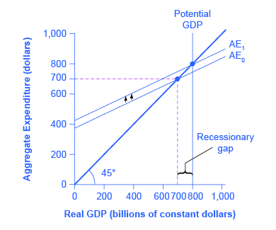 The graph shows the multiplier effect in the expenditure-output model: an increase in expenditure has a larger increase on the equilibrium output.