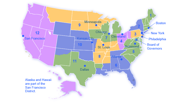 This map of the United States shows the 12 Federal Reserve districts: Boston, New York, Philadelphia, Cleveland, Richmond (VA), Atlanta, Chicago, St. Louis, Minneapolis, Kansas City (MO), Dallas, and San Francisco.